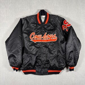 Vintage Cowboys Script Jacket Satin Nylon Varsity Bomber Black Orange 80s 90s XL